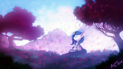 Size: 3840x2160 | Tagged: safe, artist:lagmanor, derpibooru import, oc, oc only, oc:xenia amata, bat pony, pony, 3d, blurry background, falling leaves, female, flower, flower in hair, high res, inspired by another artist, leaves, looking up, mountain, sitting, solo, source filmmaker, tree