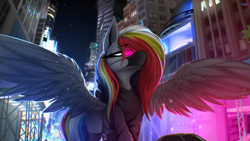 Size: 4000x2250 | Tagged: safe, artist:darky_wings, derpibooru import, oc, oc only, oc:darky wings, pegasus, pony, building, city, clothes, female, glowing, glowing eyes, hoodie, mask, neon, new york, new york city, night, socks, spread wings, stockings, thigh highs, wings