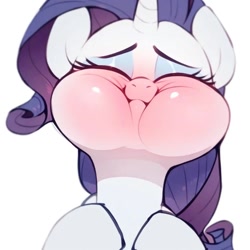 Size: 962x962 | Tagged: safe, ai content, derpibooru import, generator:purplesmart.ai, generator:stable diffusion, machine learning generated, rarity, pony, unicorn, g4, sweet and elite, blushing, eyes closed, eyeshadow, female, holding breath, hooves to the chest, horn, makeup, prompter needed, puffy cheeks, scene interpretation, shiny, simple background, solo, white background