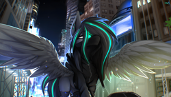 Size: 4000x2250 | Tagged: safe, artist:darky_wings, derpibooru import, oc, oc only, oc:lumishade, pegasus, pony, building, city, clothes, female, glowing, glowing eyes, mask, neon, new york, new york city, night, piercing, socks, spread wings, stockings, thigh highs, wings