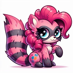 Size: 1024x1024 | Tagged: source needed, safe, ai content, derpibooru import, generator:bing image creator, generator:dall-e 3, machine learning generated, pinkie pie, hybrid, pony, raccoon, raccoon pony, g4, :3, generator:copilot, looking at you, prompter needed, raised leg, simple background, solo, species swap, white background