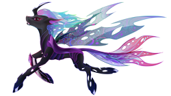 Size: 5430x3054 | Tagged: safe, artist:arisu-kun, derpibooru import, oc, oc only, oc:ariska, changeling, g4, colored pupils, colored wings, curved horn, digital art, ethereal mane, fangs, flowing mane, gem, high res, horn, intersex, lidded eyes, looking at you, multicolored mane, multicolored tail, multicolored wings, pink eyes, simple background, solo, spread wings, starry mane, starry tail, starry wings, tail, teeth, transparent background, wings