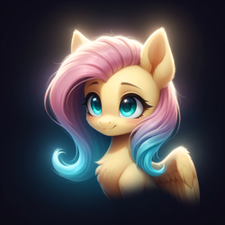 Size: 1328x1328 | Tagged: safe, ai content, derpibooru exclusive, derpibooru import, generator:stable diffusion, machine learning generated, fluttershy, pegasus, pony, g4, beautiful, black background, bust, chest fluff, cute, ear fluff, ears, female, generator:bluefox mix, glowing, glowing mane, gradient background, mare, multicolored hair, partially open wings, portrait, prompter:adorablebluefox, shyabetes, simple background, smiling, solo, upper body, wings