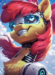 Size: 1024x1408 | Tagged: safe, ai content, derpibooru import, generator:pony diffusion v6 xl, generator:stable diffusion, machine learning generated, apple bloom, pony, robot, robot pony, g4, apple bloom bot, bust, ear fluff, ears, female, grin, heart, heart eyes, portrait, prompter:star-dragon, roboticization, smiling, solo, wingding eyes