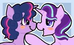 Size: 747x453 | Tagged: safe, artist:twilypie, derpibooru import, starlight glimmer, twilight sparkle, twilight sparkle (alicorn), alicorn, pony, unicorn, g4, alternate hairstyle, blushing, boop, cute, duo, duo female, female, heart, heart eyes, horn, lesbian, looking at each other, looking at someone, mare, nose wrinkle, noseboop, open mouth, open smile, outline, passepartout, shipping, smiling, twilight poofle, twistarlight, wingding eyes