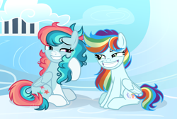 Size: 1894x1270 | Tagged: safe, artist:universeconstelation, artist:xxcheerupxxx, derpibooru import, oc, oc only, oc:lightning dash, oc:tropical exotic, pegasus, pony, collaboration, alternate universe, female, heterochromia, mare, offspring, parent:rainbow dash, parent:soarin', parent:sunburst, parents:rainbowburst, parents:soarindash