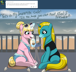 Size: 1280x1224 | Tagged: safe, artist:jillspencil, derpibooru import, oc, oc only, oc:questrapolia, pony, unicorn, ask-questrapolia, bikini, clothes, female, horn, magic, mare, ocean, swimsuit, water