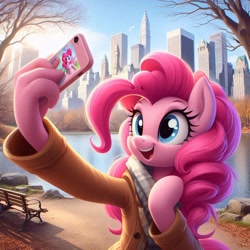 Size: 1024x1024 | Tagged: safe, ai content, derpibooru import, machine learning generated, pinkie pie, anthro, g4, bench, cellphone, central park, new york city, park, park bench, phone, prompter:pinkiepiepics, selfie, smartphone, suddenly hands