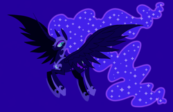 Size: 2386x1546 | Tagged: safe, artist:acura, derpibooru import, nightmare moon, alicorn, pony, female, horn, long horn, mare, slit eyes, solo, spread wings, wings