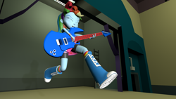 Size: 2048x1152 | Tagged: safe, artist:gaelgaming1, derpibooru import, rainbow dash, human, equestria girls, g4, 3d, arms, boots, clothes, eyes closed, female, fingers, guitar, hand, happy, high heel boots, jacket, jumping, legs, long hair, musical instrument, my little pony equestria girls: rainbow rocks, open mouth, open smile, rainbow dash's boots, shirt, shoes, skirt, smiling, socks, solo, source filmmaker, stage, t-shirt, teenager, vest, wristband