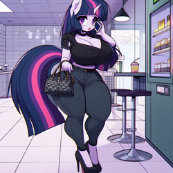 Size: 1024x1024 | Tagged: safe, ai content, derpibooru import, machine learning generated, twilight sparkle, anthro, unicorn, g4, adorasexy, big breasts, breasts, butt, cellphone, choker, cleavage, clothes, collar, cute, drink, female, food, headlight sparkle, high heels, horn, huge breasts, huge butt, large butt, open mouth, pants, phone, prompter:horselover fat, purse, sexy, shoes, short shirt, solo, standing, stool, stupid sexy twilight, talking on phone, thighs, thunder thighs, tight clothing, tiled floor, vending machine, wide hips