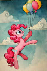 Size: 768x1152 | Tagged: safe, ai content, derpibooru import, generator:pony diffusion v6 xl, generator:stable diffusion, machine learning generated, pinkie pie, earth pony, pony, g4, balloon, cloud, floating, grin, prompter:foxpony, side view, sky, smiling, solo, then watch her balloons lift her up to the sky, traditional art, watercolor painting