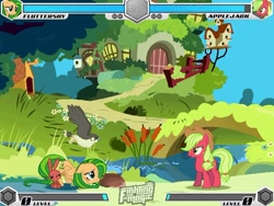 Size: 638x479 | Tagged: safe, angel bunny, applejack, fluttershy, bird, earth pony, hedgehog, pegasus, fighting is magic, g4, crouching, fan game, fighting is magic suchromium, fluttershy's cottage
