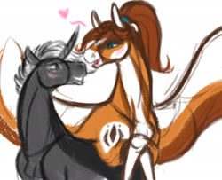 Size: 1738x1412 | Tagged: safe, artist:snedrir, derpibooru import, oc, oc only, oc:blacksun, unicorn, black fur, blue eyes, blushing, brown eyes, coat markings, equine, fangs, female, heart, horn, long wings, looking at each other, looking at someone, male, needs more jpeg, oc x oc, ponytail, realistic horse legs, shipping, short hair, smiling, spread wings, straight, unicorn oc, white mane, wings