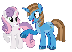 Size: 1664x1203 | Tagged: safe, artist:ncolque, derpibooru import, sweetie belle, oc, oc:sharp stars, pony, unicorn, duo, duo male and female, female, horn, looking at each other, looking at someone, male, mare, older, older sweetie belle, open mouth, raised hoof, raised leg, simple background, stallion, transparent background
