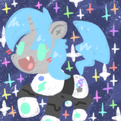 Size: 2000x2000 | Tagged: safe, artist:pompom, derpibooru import, oc, oc only, oc:tango starfall, pony, unicorn, armor, armored pony, blue mane, blue tail, female, gray coat, horn, mare, power armor, smiling, solo, space, stars, tail