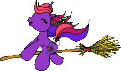Size: 288x171 | Tagged: artist needed, source needed, safe, derpibooru import, oc, oc only, oc:bramble berry, pony, unicorn, g1, 2010, animated, bow, braid, braided ponytail, broom, eyes closed, female, flying, flying broomstick, gif, horn, mare, non-animated gif, open mouth, open smile, ponytail, simple background, smiling, solo, tail, tail bow, transparent background, unicorn oc, windswept hair, windswept mane, windswept tail