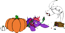 Size: 432x224 | Tagged: artist needed, source needed, safe, derpibooru import, oc, oc only, oc:bramble berry, ghost, pony, undead, unicorn, g1, 2010, animated, bag, bow, braid, braided ponytail, candy, female, food, gif, halloween, holiday, horn, mare, non-animated gif, open mouth, paper bag, ponytail, pumpkin, raised hoof, raised leg, scared, simple background, tail, tail bow, transparent background, unicorn oc