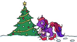 Size: 432x240 | Tagged: artist needed, source needed, safe, derpibooru import, oc, oc only, oc:bramble berry, pony, unicorn, g1, 2010, animated, bow, braid, braided ponytail, chibi, christmas, christmas tree, clothes, female, gif, holiday, horn, mare, non-animated gif, ponytail, raised hoof, raised leg, scarf, simple background, snow, socks, solo, striped scarf, tail, tail bow, tree, unicorn oc, white background