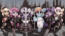 Size: 7112x4000 | Tagged: safe, artist:partypievt, derpibooru import, applejack, fluttershy, pinkie pie, rainbow dash, rarity, twilight sparkle, twilight sparkle (alicorn), alicorn, earth pony, pegasus, pony, unicorn, g4, background, bass guitar, bipedal, clothes, desktop background, drumsticks, electric guitar, gas mask, guitar, horn, hospital gown, iv drip, looking at you, mane six, mask, microphone, musical instrument, my chemical romance, the black parade, wallpaper
