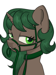 Size: 3001x4000 | Tagged: safe, artist:dumbwoofer, derpibooru import, oc, oc only, oc:pine shine, pony, unicorn, 2021, bedroom eyes, bridle, bust, collar, ear fluff, ears, female, horn, leash, looking at you, mare, mouth hold, pet play, seductive look, simple background, solo, tack, transparent background