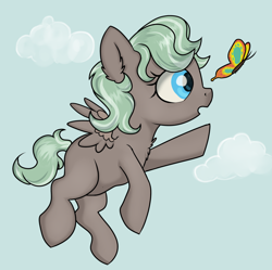 Size: 2832x2816 | Tagged: safe, artist:dumbwoofer, derpibooru import, oc, oc only, oc:forest air, butterfly, pegasus, pony, 2021, chest fluff, cloud, ear fluff, ears, female, filly, flying, foal, open mouth, reaching, sky, solo