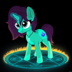 Size: 3200x3200 | Tagged: safe, artist:harmonicglow, derpibooru import, oc, oc only, oc:lexicon, unicorn, crystal, female, fire, horn, jewelry, magic, mare, necklace, transmutation circle