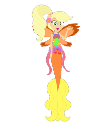 Size: 680x797 | Tagged: safe, artist:selenaede, artist:user15432, derpibooru import, applejack, mermaid, equestria girls, g4, alternate hairstyle, base used, clothes, crossover, cutie mark on human, fairy, fairy wings, fairyized, fins, fish tail, flower, flower in hair, mermaid fairy, mermaid tail, mermaidix, mermaidized, mermay, open mouth, open smile, orange wings, ponied up, ponytail, simple background, smiling, solo, species swap, tail, transparent background, wings, winx, winx club, winxified