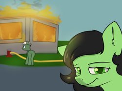 Size: 4000x3001 | Tagged: safe, artist:dumbwoofer, derpibooru import, oc, oc only, oc:anon filly, earth pony, pony, 2021, building, disaster girl, duo, ear fluff, ears, female, filly, fire, fire hydrant, firefighter, foal, grass, looking at you, meme, road, smiling, smoke, smug