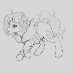 Size: 2048x2048 | Tagged: safe, artist:chochuki, derpibooru import, oc, oc only, pony, unicorn, g1, black and white, clothes, female, g1 oc, gray background, grayscale, horn, jacket, mare, monochrome, simple background, sketch, solo
