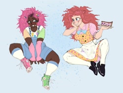 Size: 2348x1778 | Tagged: safe, artist:chochuki, derpibooru import, pinkie pie, human, g4, arm warmers, bloomers, blushing, bowtie, cake, clothes, cutie mark on clothes, dark skin, dress, duo, female, food, frizzy hair, hairclip, humanized, kneesocks, mismatched shoes, overalls, self paradox, shoes, sitting, skirt, sneakers, socks, sticker, thigh socks, upskirt