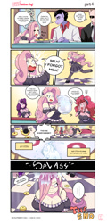 Size: 1080x2250 | Tagged: safe, artist:traupa, derpibooru import, fluttershy, pinkie pie, sugar belle, anthro, pegasus, unguligrade anthro, comic:ow! fluttershy!, g4, breasts, clothes, eyes closed, falling, female, fluttermaid, hootershy, job, maid, maid cafe, male, milk, offscreen character, pinkie maid, slippers, speech bubble, waitress