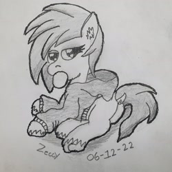 Size: 3024x3024 | Tagged: safe, artist:zeccy, derpibooru import, earth pony, pony, bubblegum, butt, clothes, dock, food, gum, hoodie, lidded eyes, monochrome, plot, solo, tail
