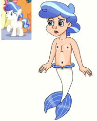 Size: 737x927 | Tagged: safe, artist:ocean lover, derpibooru import, crystal pony, human, bare shoulders, belly, belly button, blue eyes, chest, child, cute, fins, fish tail, frosty quartz, frown, gradient hair, human coloration, humanized, looking at something, male, merboy, mermaid tail, merman, mermay, ms paint, open mouth, reference, reference sheet, simple background, species swap, tail, tail fin, white background, worried