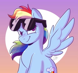 Size: 3000x2783 | Tagged: safe, alternate version, artist:flutterpawss, derpibooru import, rainbow dash, pegasus, pony, g4, bust, female, gradient background, high res, looking at you, mare, smiling, smiling at you, smirk, solo, spread wings, sunglasses, sunglasses on head, wings