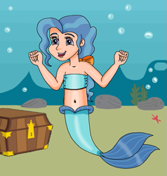 Size: 889x932 | Tagged: safe, artist:ocean lover, derpibooru import, petunia paleo, human, mermaid, bandeau, bare shoulders, belly, belly button, blue eyes, blue hair, bow, bubble, child, coral, cute, excited, female, fins, fish tail, hair bow, happy, human coloration, humanized, mermaid tail, mermaidized, mermay, ms paint, open mouth, ponytail, smiling, solo, species swap, starfish, tail, tail fin, treasure chest, two toned hair, underwater, water