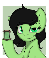 Size: 3001x3584 | Tagged: safe, artist:dumbwoofer, derpibooru import, oc, oc only, oc:anon filly, earth pony, pony, 2021, bust, chest fluff, ear fluff, ears, female, filly, foal, holding, looking at you, smiling, smiling at you, smirk, solo, spool, thread