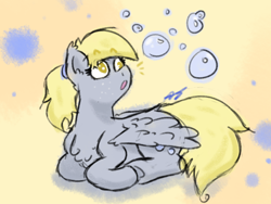 Size: 800x600 | Tagged: safe, artist:aj flame ss6, derpibooru import, derpy hooves, pegasus, pony, g4, :o, alternate hairstyle, bubble, doodle, emanata, eyebrows, eyebrows visible through hair, female, looking up, lying down, mare, open mouth, ponyloaf, ponytail, prone, signature, solo