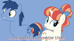 Size: 1920x1080 | Tagged: safe, artist:cheezedoodle96, artist:cloudy glow, derpibooru import, edit, editor:jaredking779, blues, noteworthy, rainbow stars, earth pony, pony, unicorn, g4, background pony, blue background, bow, female, hair bow, horn, male, mare, shipping, simple background, stallion, starworthy, straight