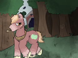 Size: 2160x1620 | Tagged: safe, artist:felixmcfurry, derpibooru import, big macintosh, earth pony, desaturated, feral, forest, forest background, male, nature, no mouth, redesign, short tail, solo, sweet apple acres, tail, tree, unshorn fetlocks