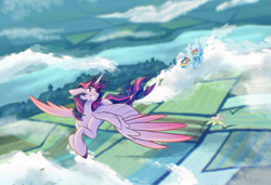 Size: 1575x1080 | Tagged: safe, artist:cerulean-crow, derpibooru import, fluttershy, rainbow dash, twilight sparkle, twilight sparkle (alicorn), alicorn, pegasus, pony, g4, ears back, female, flying, grin, head turn, high angle, mare, open mouth, open smile, river, signature, smiling, solo focus, spread wings, water, windswept mane, wings