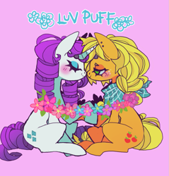 Size: 813x850 | Tagged: safe, artist:cutesykill, derpibooru import, applejack, rarity, earth pony, pony, unicorn, g4, bandana, beanbrows, blonde, blonde mane, blonde tail, blue sclera, blue text, blushing, colored, colored eyebrows, colored sclera, duo, duo female, ear piercing, earring, eyebrows, eyebrows visible through hair, eyes closed, eyeshadow, female, flower, freckles, green eyes, hatless, holding hooves, horn, jewelry, lesbian, lidded eyes, looking at each other, looking at someone, makeup, mare, missing accessory, neckerchief, no catchlights, piercing, pink background, ponytail, profile, purple mane, purple tail, rarijack, ringlets, saturated, shipping, simple background, sitting, smiling, smiling at each other, tail, tall ears, text, thick eyelashes, tied mane, tied tail, unicorn horn, white coat
