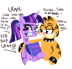 Size: 497x481 | Tagged: safe, artist:applepums, derpibooru import, part of a set, twilight sparkle, twilight sparkle (alicorn), alicorn, cat, pony, g4, arm around back, blushing, candle, choker, clothes, colored, crack shipping, crossover, crossover shipping, dialogue, duo, duo male and female, eyelashes, female, fingerless gloves, flat colors, folded wings, garfield, garfield (character), garfield x twilight sparkle, glasses, gloves, holding book, horn, looking at each other, looking at someone, looking back, male, multicolored mane, narrowed eyes, ponytail, purple coat, purple eyes, shiny eyes, shipping, simple background, smiling, smiling at each other, speech bubble, spiked choker, straight, straight mane, talking, text, tied mane, unicorn horn, unshorn fetlocks, white background, wings