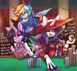 Size: 1992x1850 | Tagged: safe, artist:honowyn, derpibooru import, rainbow dash, rarity, spike, twilight sparkle, unicorn twilight, anthro, dragon, pegasus, unicorn, alcohol, book, breasts, casino, dialogue, female, glass, heart, heart eyes, horn, male, playing card, poker, poker chips, shipping, sparity, straight, wine, wine glass, wingding eyes