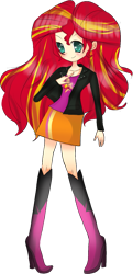 Size: 563x1167 | Tagged: safe, derpibooru import, sunset shimmer, human, 2000s anime art, anime, boots, clothes, female, humanized, jacket, shirt, shoes, simple background, skirt, solo, transparent background