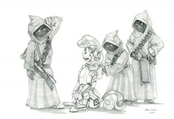 Size: 1600x1096 | Tagged: safe, artist:baron engel, derpibooru import, sweetie belle, sweetie bot, pony, robot, robot pony, unicorn, horn, jawa, monochrome, pencil drawing, star wars, traditional art