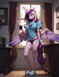 Size: 1664x2144 | Tagged: safe, ai content, derpibooru import, generator:stable diffusion, machine learning generated, princess cadance, alicorn, anthro, clothes, coffee, mug, panties, pants, prompter:neondash, shirt, slippers, solo, underwear, window