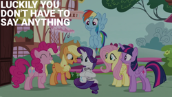 Size: 1920x1080 | Tagged: safe, derpibooru import, edit, edited screencap, editor:quoterific, screencap, applejack, fluttershy, pinkie pie, rainbow dash, rarity, twilight sparkle, twilight sparkle (alicorn), alicorn, earth pony, pegasus, pony, unicorn, g4, it isn't the mane thing about you, caption, fence, horn, magazine, mane six, ponyville, text