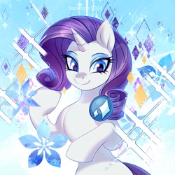 Size: 1850x1850 | Tagged: safe, artist:fenwaru, derpibooru import, rarity, pony, unicorn, g4, abstract background, crystal, cute, female, gem, horn, looking at you, shiny, smiling, smiling at you, snow, snowflake, solo