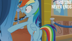 Size: 2000x1125 | Tagged: safe, derpibooru import, edit, edited screencap, editor:quoterific, screencap, rainbow dash, pegasus, pony, g4, grannies gone wild, caption, solo, text